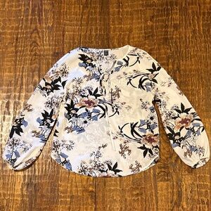 SHEIN Women’s Floral Tie-Front Blouse Long Sleeve Bubble Sleeve Cream Top